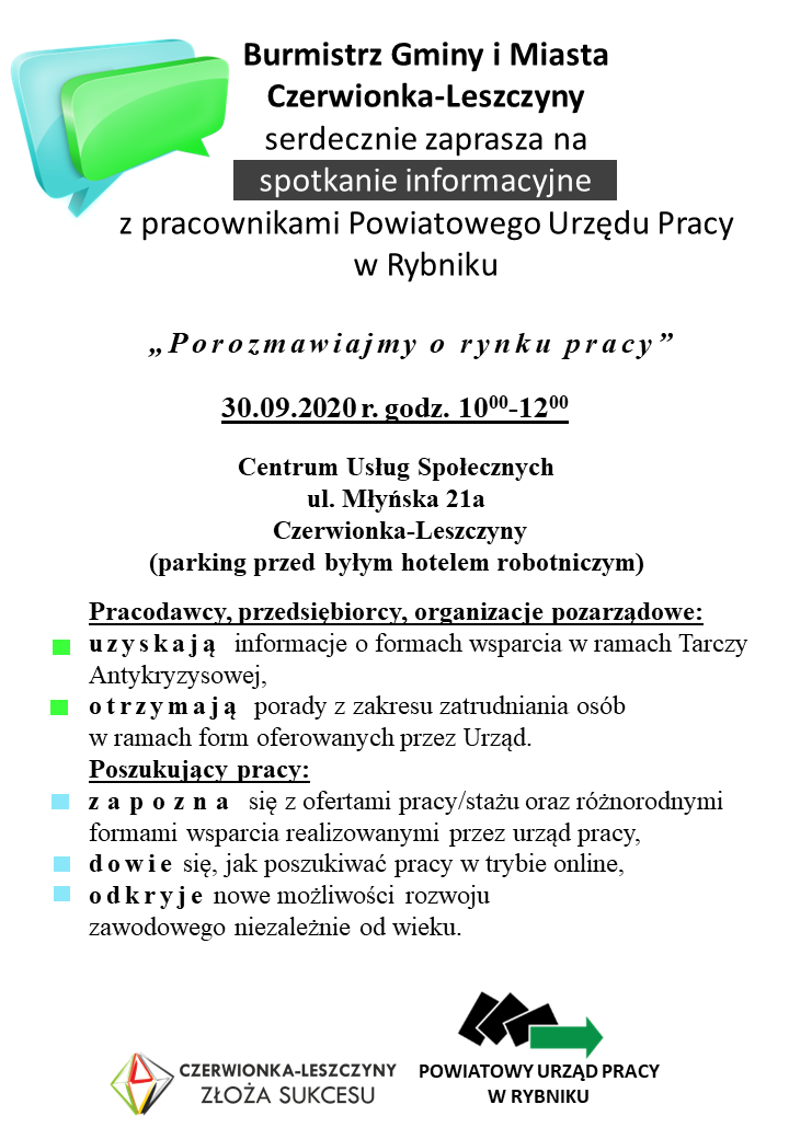 Spotkanie informacyjne Porozmawiajmy o rynku pracy w Czerwionce-Leszczynach 30 września 2020 roku - plakat