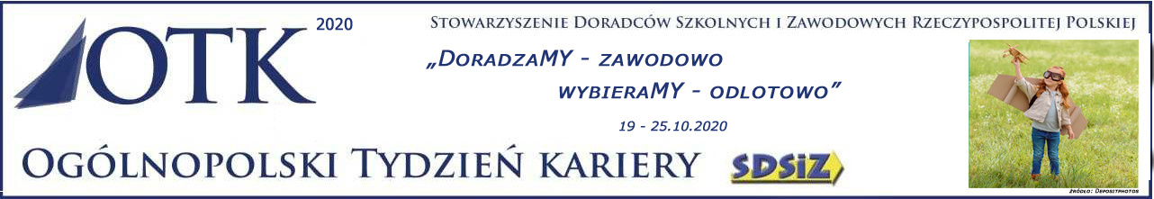 Baner Ogólnopolskiego Tygodnia Kariery 2020 roku zawiera temat przewodni DoradzaMY - zawodowo, WybieraMY - odlotowo, data 19-25 października 2020, po lewej stronie zdjęcie chłopca bawiącego się samolotem