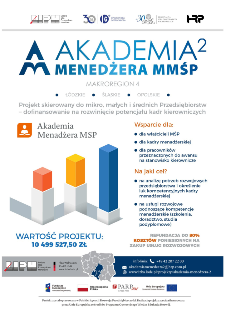 Zdjęcie galerii artykułu: Plakat informacyjny projektu Akademia Menedżera MŚP 2 – Makroregion 4 - Plakat informacyjny projektu Akademia Menedżera MŚP 2