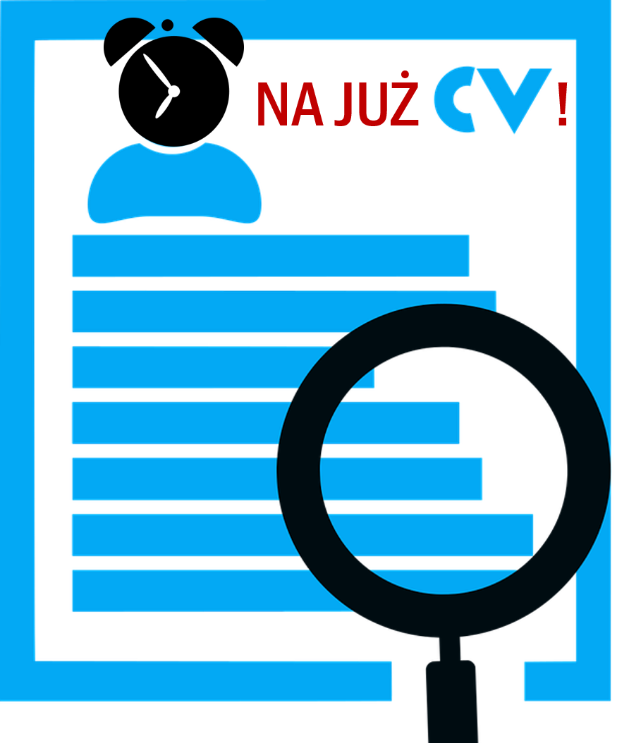 Logo inicjatywy Na już CV! Udostępnione zostały przykładowe CV do samodzielnego wypełnienia przez osobę bezrobotną lub poszukującą. Logo zawiera nazwę umiejscowioną na wizualizacji dokumentu, w prawy dolnym rogu lupa oraz graficzne przedstawienie zegara.