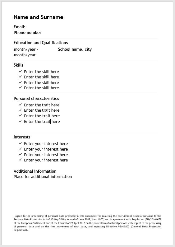 Prepared English curriculum vitae template to be filled out Przygotowany szablon CV w języku angielskim do wypełnienia