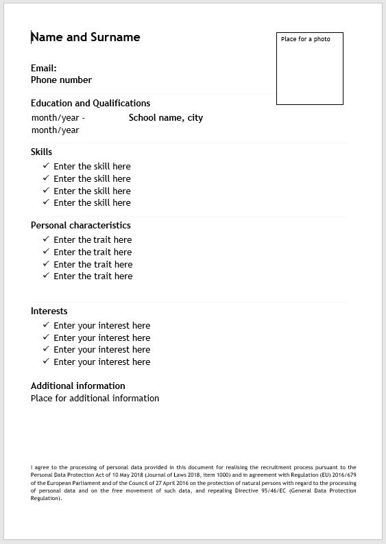 Prepared English curriculum vitae template to be filled out Przygotowany szablon CV w języku angielskim do wypełnienia