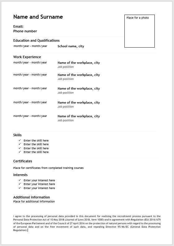 Prepared English curriculum vitae template to be filled out Przygotowany szablon CV w języku angielskim do wypełnienia