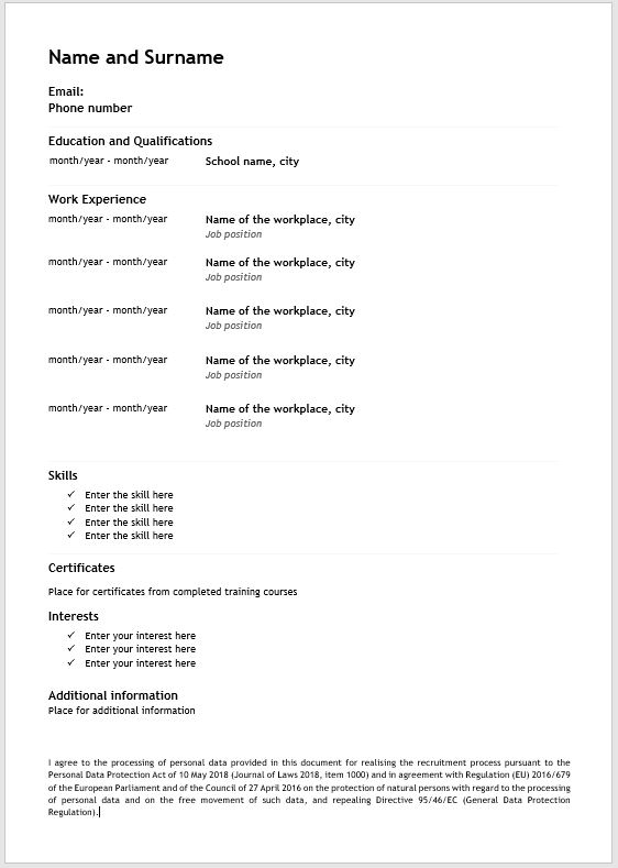 Prepared English curriculum vitae template to be filled out Przygotowany szablon CV w języku angielskim do wypełnienia