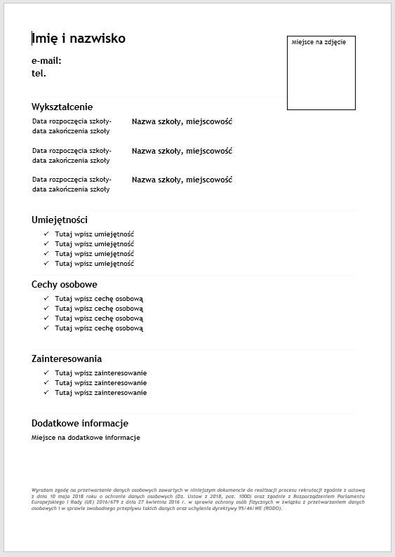 Przygotowany szablon CV w języku polskim do wypełnienia