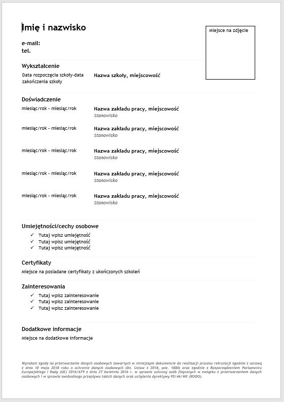 Przygotowany szablon CV w języku polskim do wypełnienia