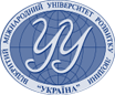 Logo Otwartego Międzynarodowego Uniwersytetu Rozwoju Człowieka „Ukraina”, nazwa ukraińska uniwersytetu wokół globusa, w środku skrót UU