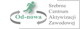 Logo Srebrne Centrum Aktywizacji Zawodowej zawierające tekst Od-nowa a wokół tekstu postać biegacza wraz ze strzałkami wskazującymi ruch wskazówek zegara.