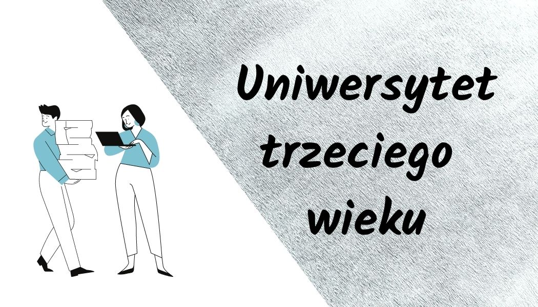 Element graficzny po kliknięciu przenoszący do strony Uniwersytet Trzeciego Wieku w Rybniku www.rkutw.miastorybnik.pl. Element zawiera tekst Uniwersytet Trzeciego Wieku oraz ozdobnik w postaci grafiki pokazującej dwóch rozmawiających ze sobą ludzi.