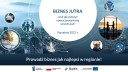 Plakat zapraszający na konferencję online "Biznes jutra, czyli jak założyć nowoczesną firmę i przetrwać?" Więcej informacji na stronach: https://biznesjutra.eu oraz na fanpage FB https://www.facebook.com/slaskie.rynekpracy/