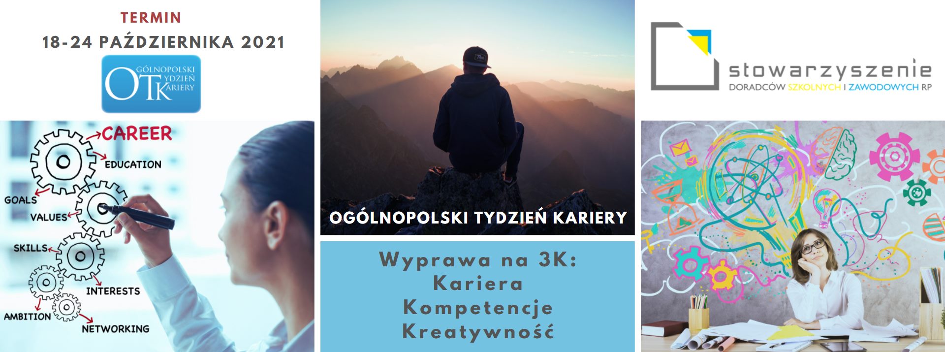 Baner Ogólnopolski Tydzień Kariery 2021 zawiera hasło przewodnie: Wyprawa na 3K kariera, kompetencje, kreatywność. Termin 18-24 października 2021r. Zdjęcia na banerze mają charakter dekoracyjny. Zawiera również logo doradców szkolnych i zawodowych RP.