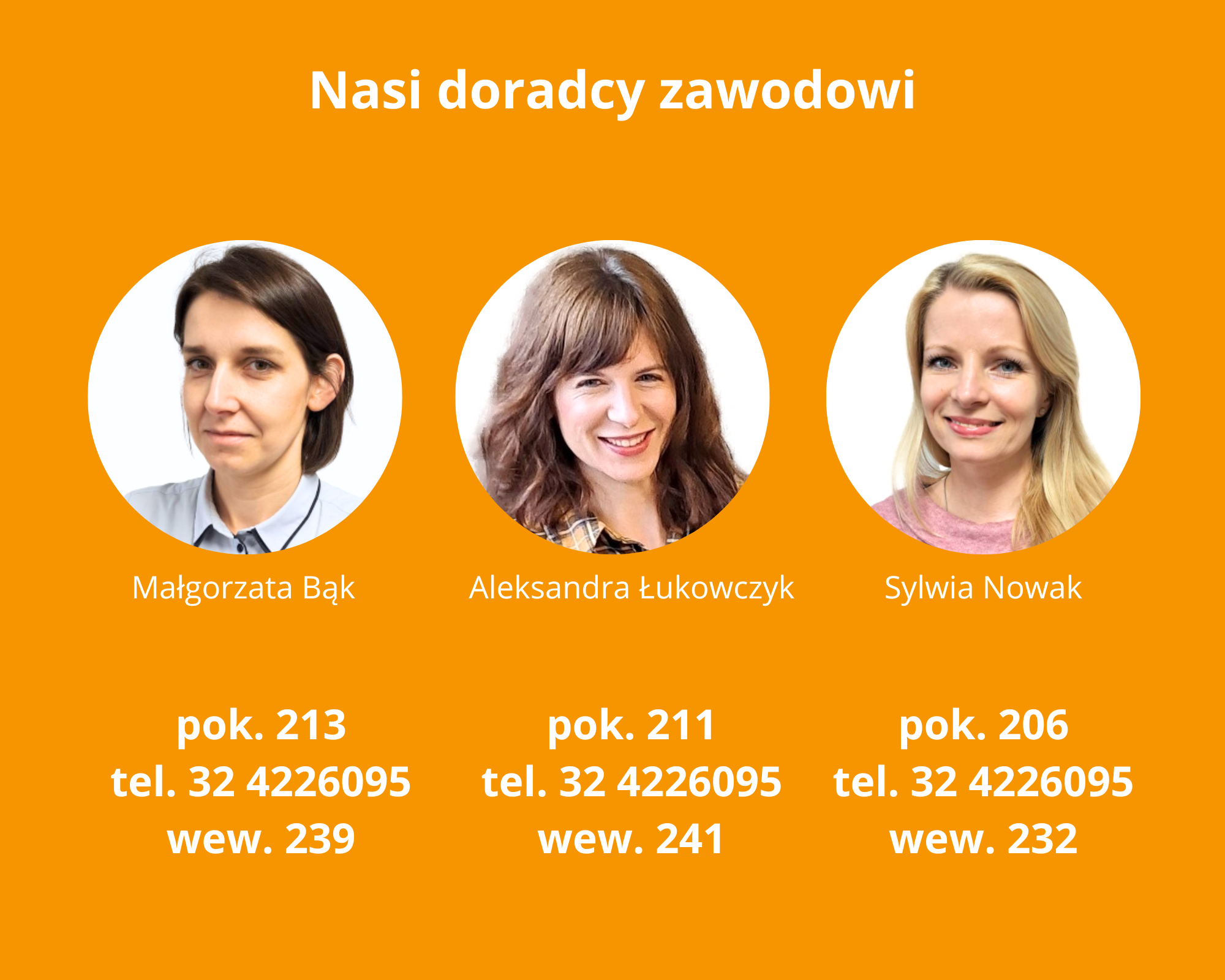 Slajd prezentujący doradców zawodowych biorących udział w Akademii Talentów. Doradcy dostępni pod numerem wewnętrznym 232,239,241 oraz w pokojach 206, 211, 213.