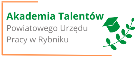 Zakładka Akademia Talentów PUP w Rybniku z nazwą projektu oraz graficznym ozdobnikiem w postaci biretu i gałązki krzewu.