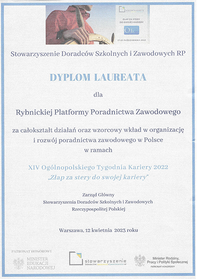 Zdjęcie galerii artykułu: Dyplom dla Rybnickiej Platformy Poradnictwa Zawodowego - Dyplom dla Rybnickiej Platformy Poradnictwa Zawodowego