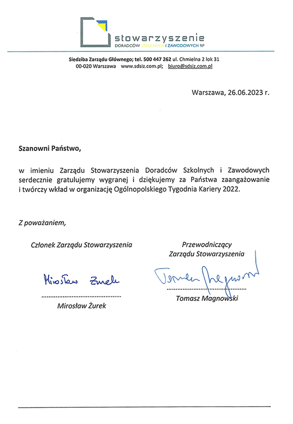 Zdjęcie galerii artykułu: Pismo ze Stowarzyszenia Doradców Szkolnych i Zawodowych - Pismo ze Stowarzyszenia Doradców Szkolnych i Zawodowych