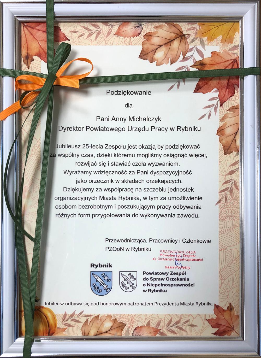 Zdjęcie galerii artykułu: Podziękowanie dla Dyrektora Powiatowego Urzędu Pracy w Rybniku - Pani Anny Michalczyk - Podziękowanie dla Dyrektora Powiatowego Urzędu Pracy w Rybniku - Pani Anny Michalczyk