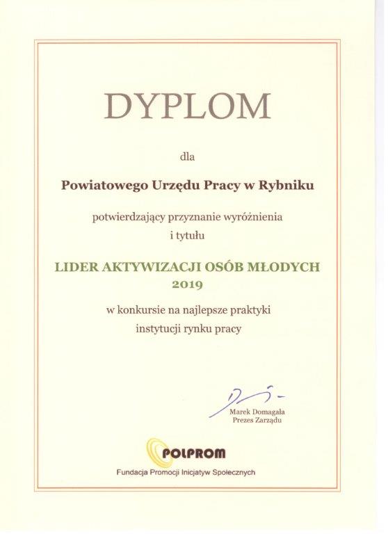 Dyplom dla PUP Rybnik - Lider Aktywizacji Osób Młodych