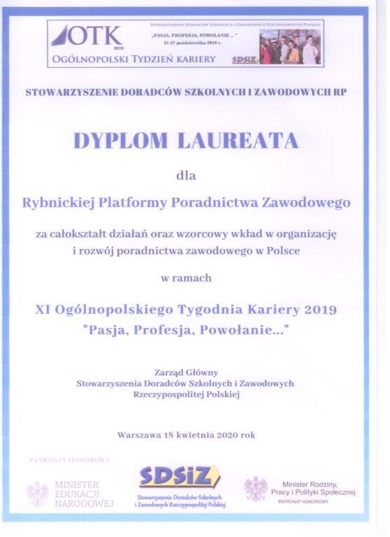 Dyplom laureata Stowarzyszenia Doradców Szkolnych i Zawodowych RP dla RPPZ w ramach 11 Ogólnopolskiego Tygodnia Kariery 2019 roku